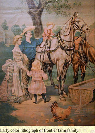 Early color lithograph of frontier farm family