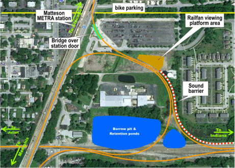 overlay diagram of new track, ponds, railfan platform, and bridge. Background Google Earth image.
